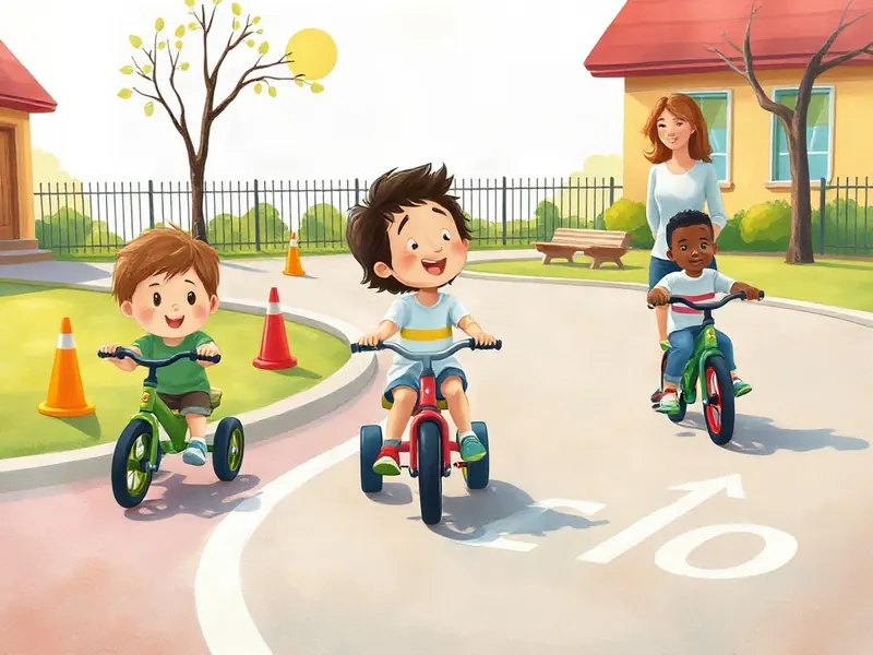 Ilustração da atividade Trilha do Triciclo: Pedalar, Virar e Estacionar