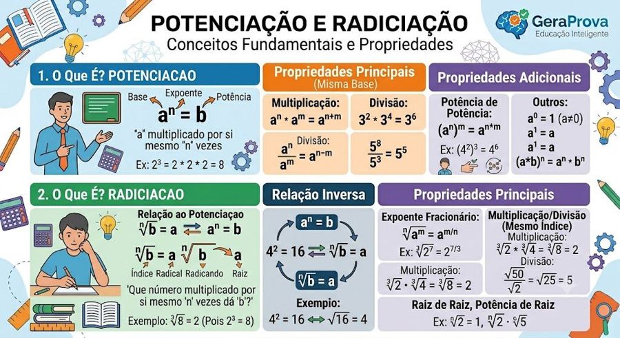 Potenciação e radiciação: exercícios resolvidos e gabarito
