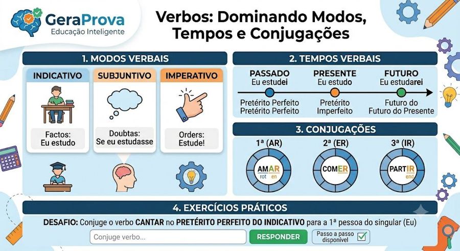 Verbos: modos, tempos e conjugações com exercícios práticos