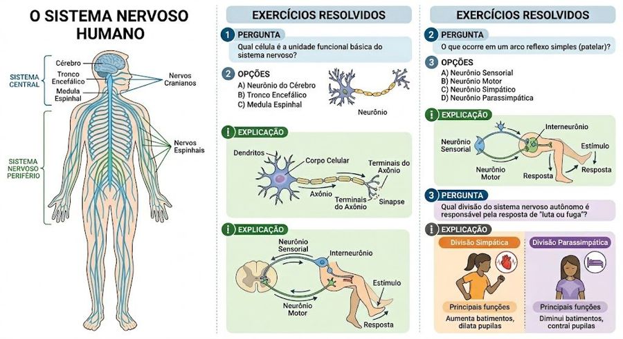 Sistema nervoso: exercícios resolvidos com explicação para usar em aula