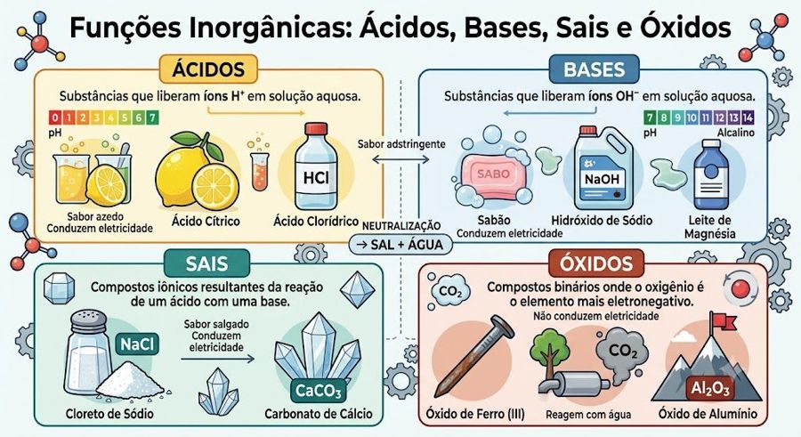 Funções inorgânicas: ácidos, bases, sais e óxidos na prática